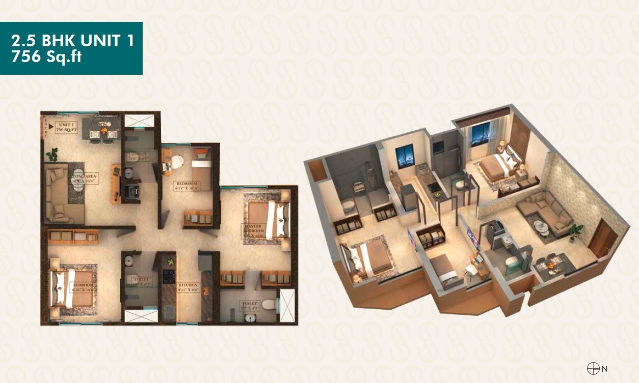 Floor plan of 2 BHK 756 Sq. Ft. Apartment in Quba Blue Ocean, Mumbai