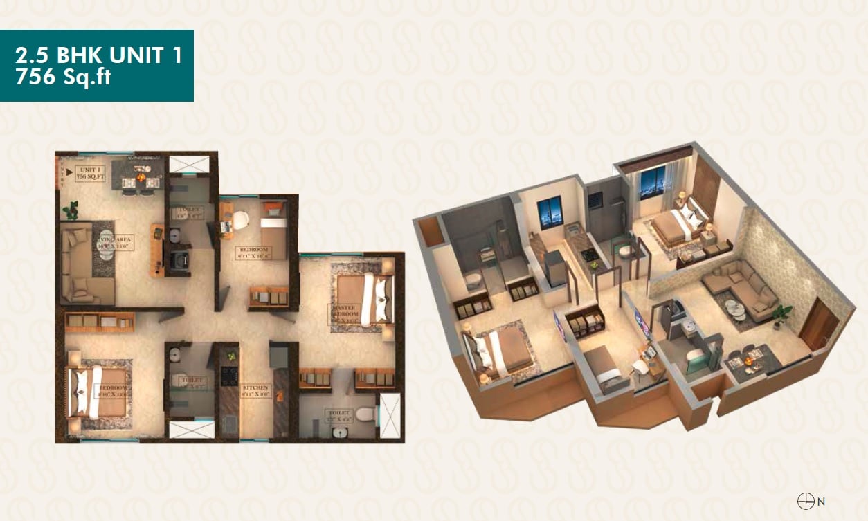 2 BHK 756 Sq. Ft. Apartment