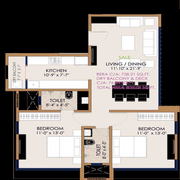 Floor plan of 2 BHK 835 Sq. Ft. Apartment in Queen Of Spaces, Mumbai