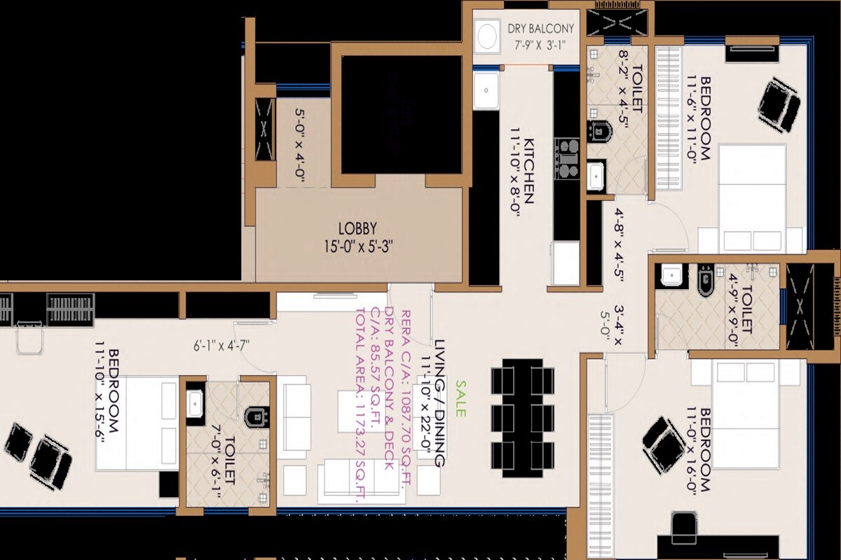 Floor plan of 3 BHK 1173 Sq. Ft. Apartment in Queen Of Spaces, Mumbai