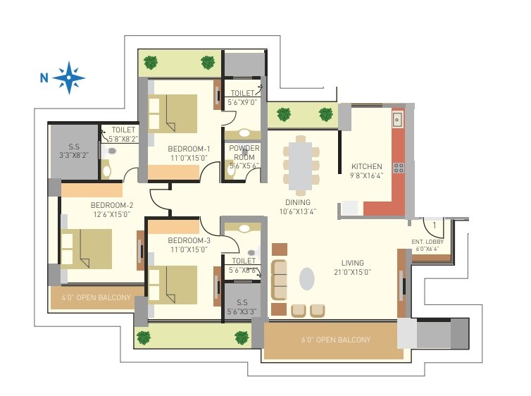 Floor plan of 3 BHK 1838 Sq. Ft. Apartment in RA Residences, Mumbai