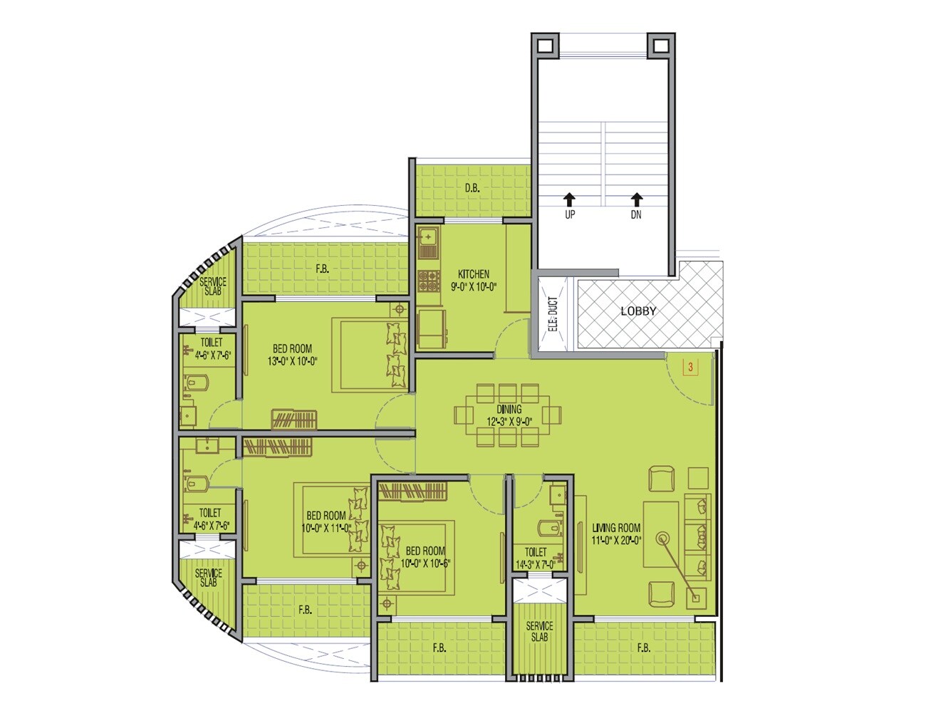 3 BHK 842 Sq. Ft. Apartment