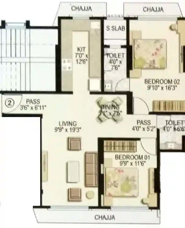 Floor plan of 2 BHK 711 Sq. Ft. Apartment in Rachana Nehru Nagar Ekta CHS, Mumbai