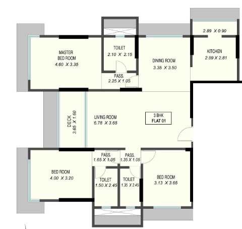 Floor plan of 3 BHK 1250 Sq. Ft. Apartment in Rachanaa Solitaire, Mumbai