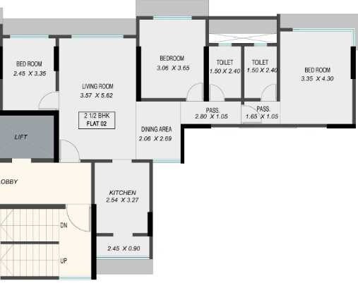 Floor plan of 2 BHK 933 Sq. Ft. Apartment in Rachnaa Solitaire, Mumbai