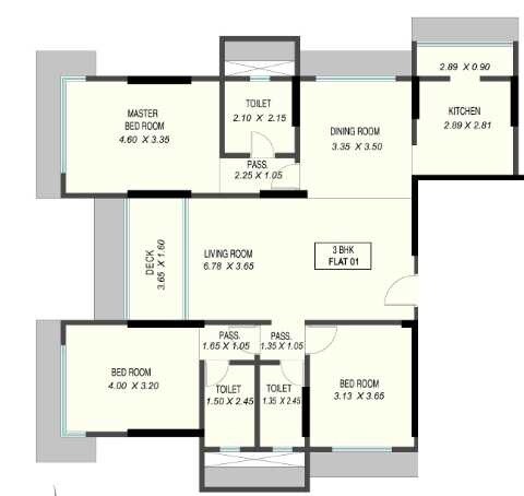 Floor plan of 3 BHK 1250 Sq. Ft. Apartment in Rachnaa Solitaire, Mumbai