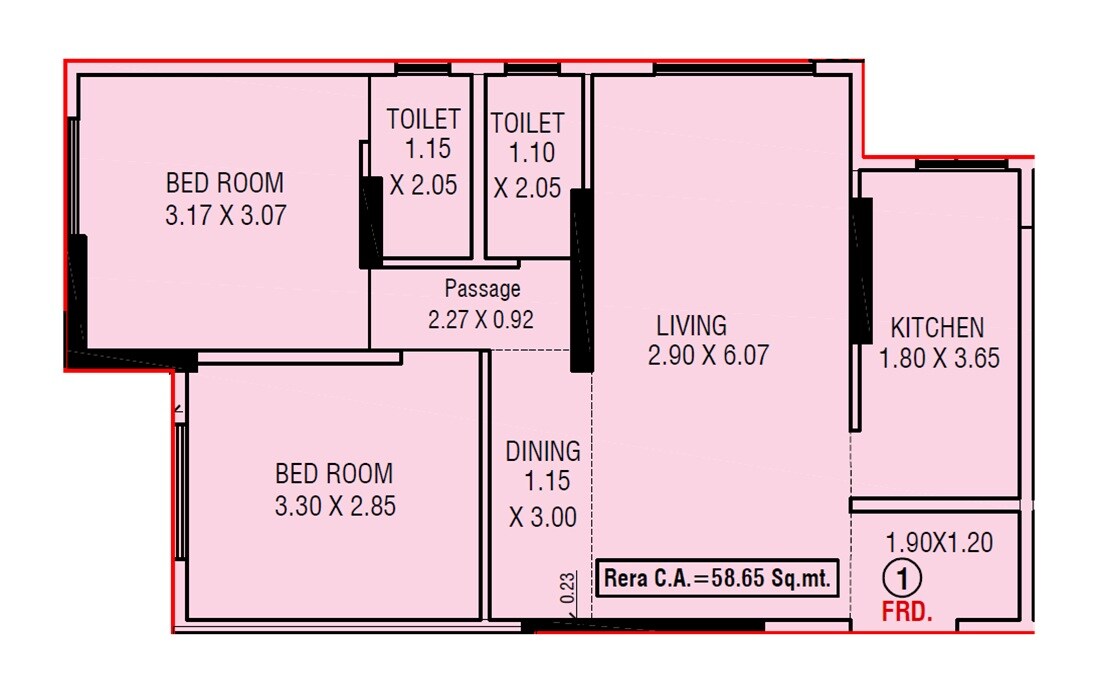 Floor plan of 2 BHK 631 Sq. Ft. Apartment in Radiance Regalia, Mumbai