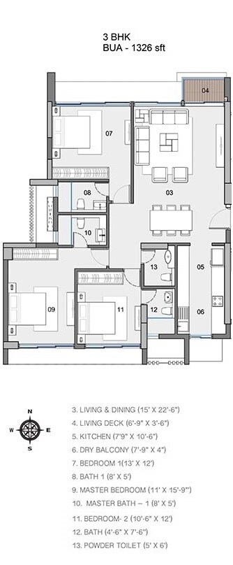 Floor plan of 3 BHK 1326 Sq. Ft. Apartment in Radius 64 Greens, Mumbai