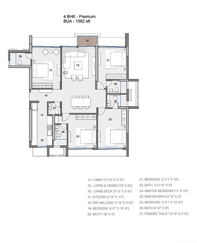 Floor plan of 4 BHK 1562 Sq. Ft. Apartment in Radius 64 Greens, Mumbai