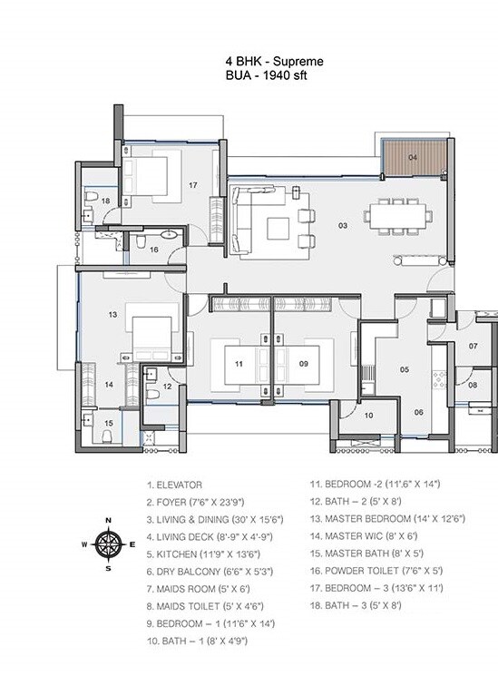 Floor plan of 4 BHK 1940 Sq. Ft. Apartment in Radius 64 Greens, Mumbai