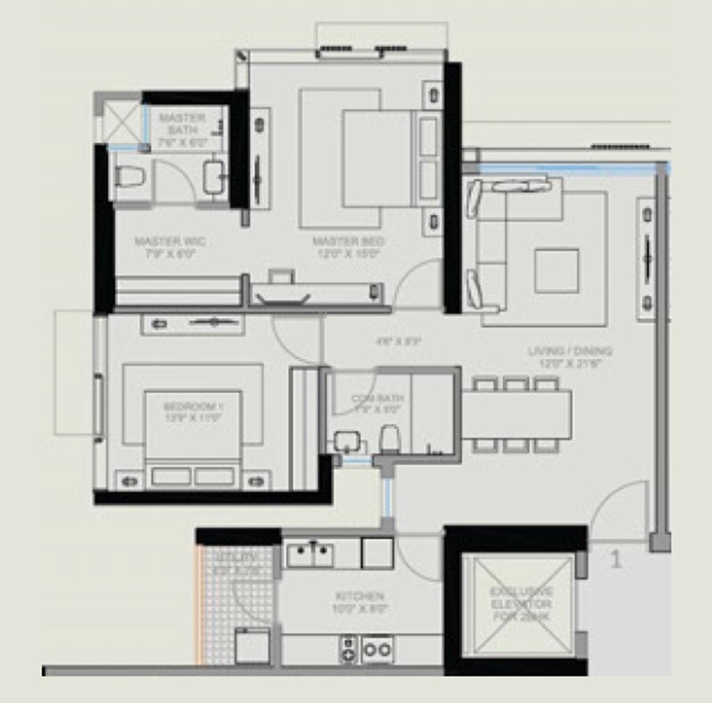 Floor plan of 2 BHK 911 Sq. Ft. Apartment in Radius 7 Hughes, Mumbai