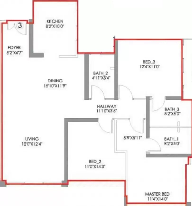 Floor plan of 3 BHK 1067 Sq. Ft. Apartment in Radius Imperial Heights, Mumbai