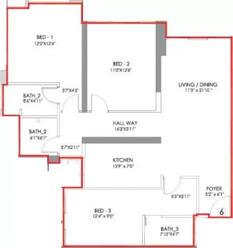 Floor plan of 3 BHK 1168 Sq. Ft. Apartment in Radius Imperial Heights, Mumbai