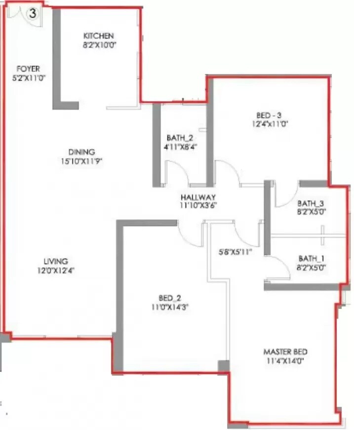 Floor plan of 3 BHK 1277 Sq. Ft. Apartment in Radius Imperial Heights, Mumbai