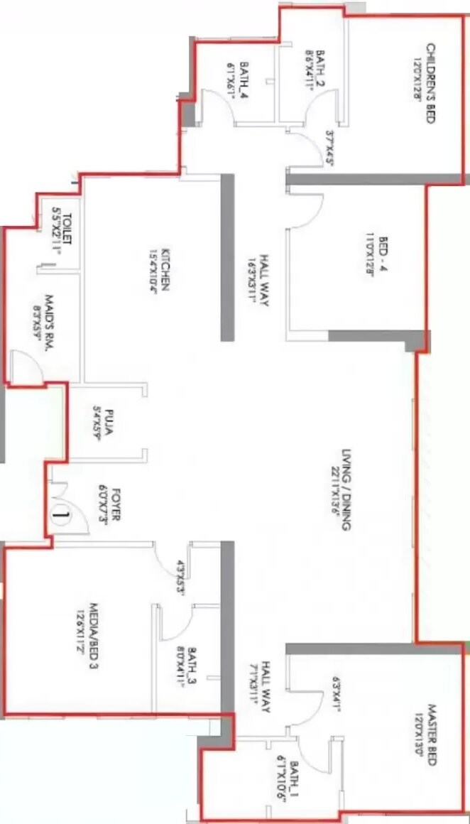 Floor plan of 4 BHK 1505 Sq. Ft. Apartment in Radius Imperial Heights, Mumbai