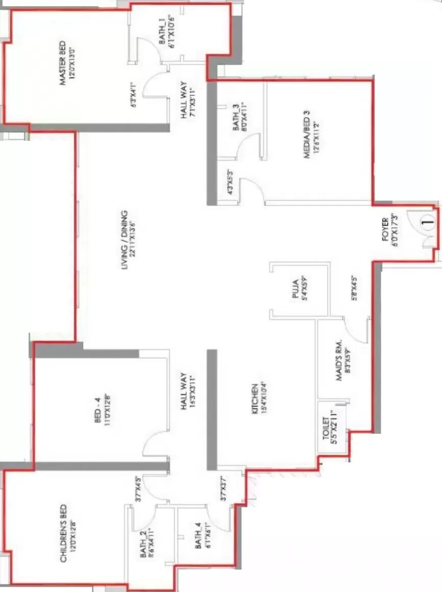 Floor plan of 4 BHK 1634 Sq. Ft. Apartment in Radius Imperial Heights, Mumbai