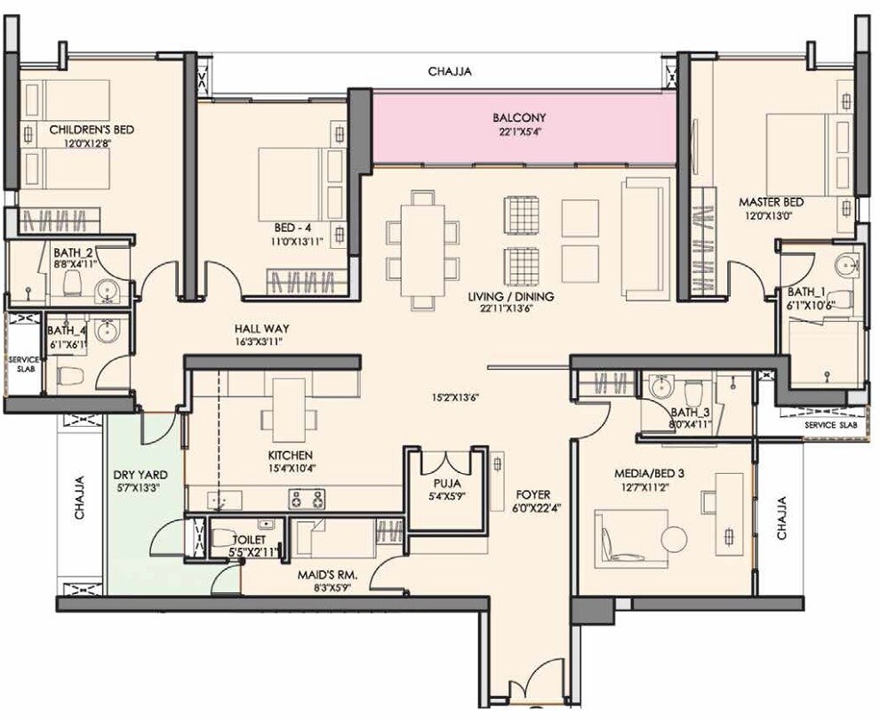 Floor plan of 4 BHK 1923 Sq. Ft. Apartment in Radius Imperial Heights, Mumbai