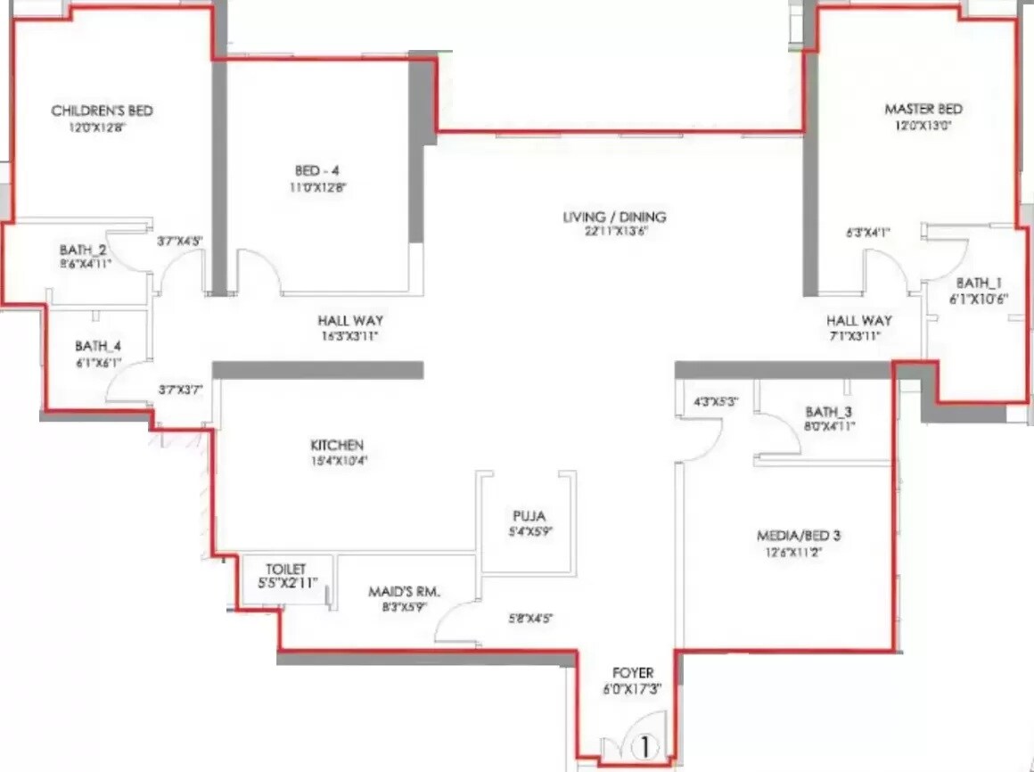 Floor plan of 4 BHK 1858 Sq. Ft. Apartment in Radius Imperial Heights, Mumbai