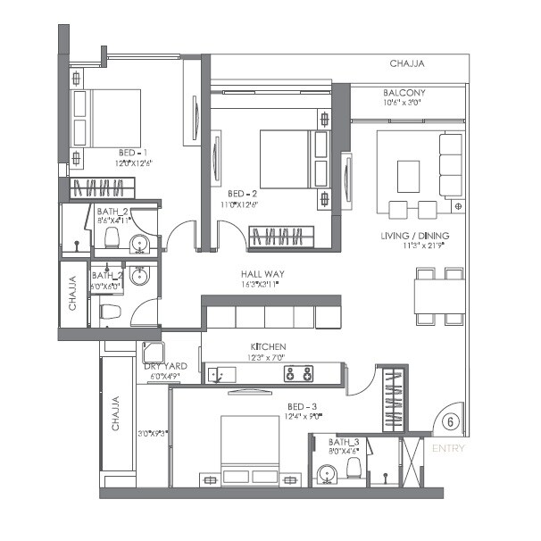 3 BHK 1068 Sq. Ft. Apartment