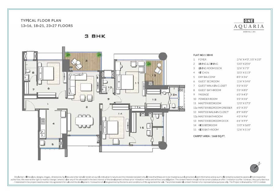 Floor plan of 3 BHK 1668 Sq. Ft. Apartment in Radius One Aquaria, Mumbai