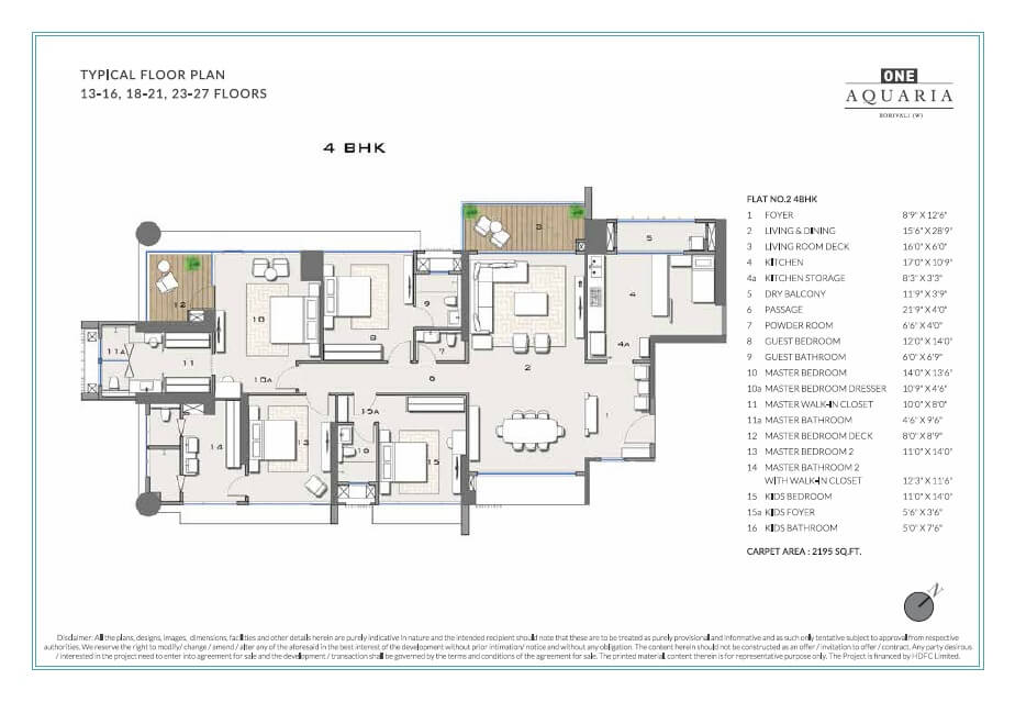 Floor plan of 4 BHK 2195 Sq. Ft. Apartment in Radius One Aquaria, Mumbai