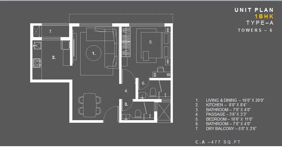 Floor plan of 1 BHK 787 Sq. Ft. Apartment in Radius Central Park, Mumbai
