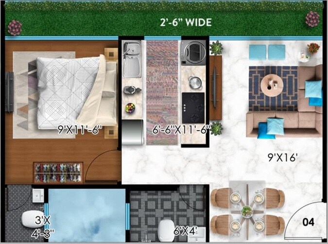 Floor plan of 1 BHK 447 Sq. Ft. Apartment in Raghav Amara, Mumbai