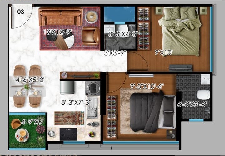 Floor plan of 2 BHK 506 Sq. Ft. Apartment in Raghav Amara, Mumbai