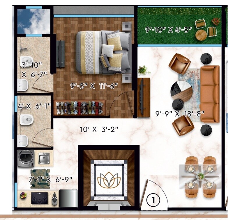 Floor plan of 1 BHK 383 Sq. Ft. Apartment in Raghav Marvel, Mumbai