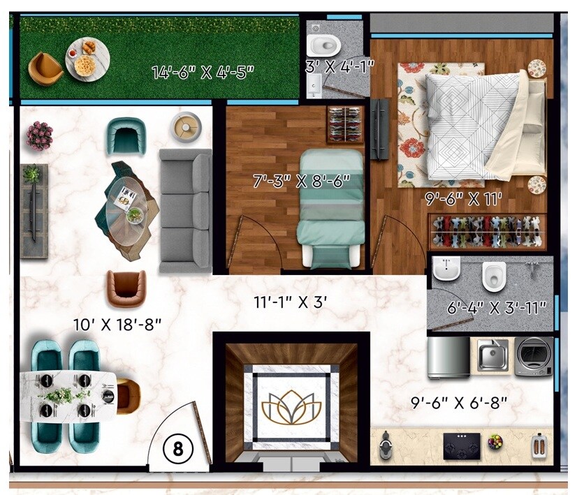Floor plan of 2 BHK 629 Sq. Ft. Apartment in Raghav Marvel, Mumbai