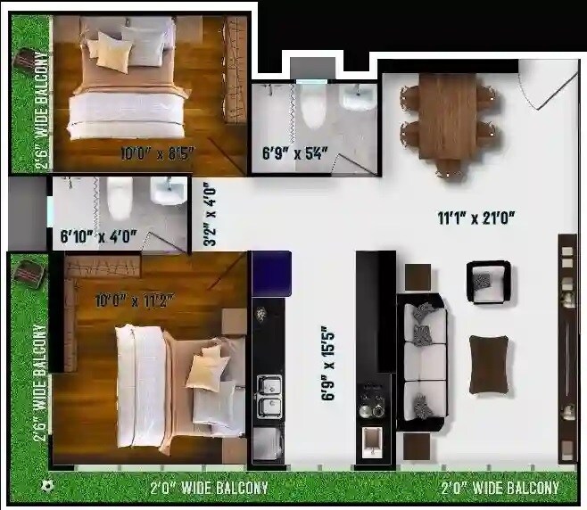 Floor plan of 2 BHK 628 Sq. Ft. Apartment in Raghav One, Mumbai