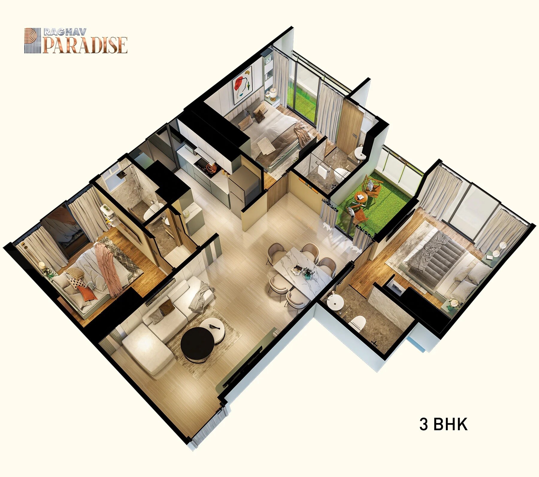 Floor plan of 3 BHK 682 Sq. Ft. Apartment in Raghav Paradise, Mumbai