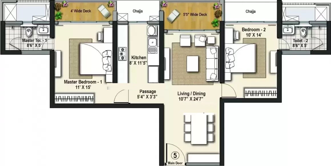 Floor plan of 2 BHK 843 Sq. Ft. Apartment in Raheja Exotica, Mumbai