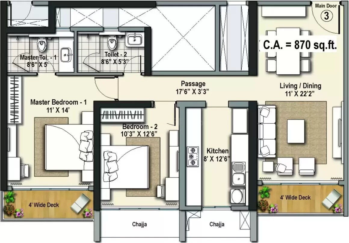 Floor plan of 2 BHK 870 Sq. Ft. Apartment in Raheja Exotica, Mumbai