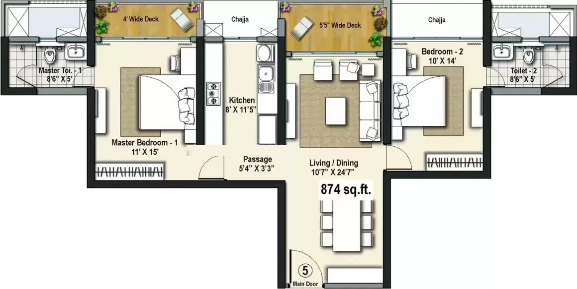 Floor plan of 2 BHK 874 Sq. Ft. Apartment in Raheja Exotica, Mumbai