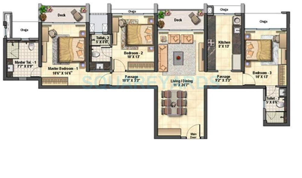 Floor plan of 3 BHK 1119 Sq. Ft. Apartment in Raheja Exotica, Mumbai