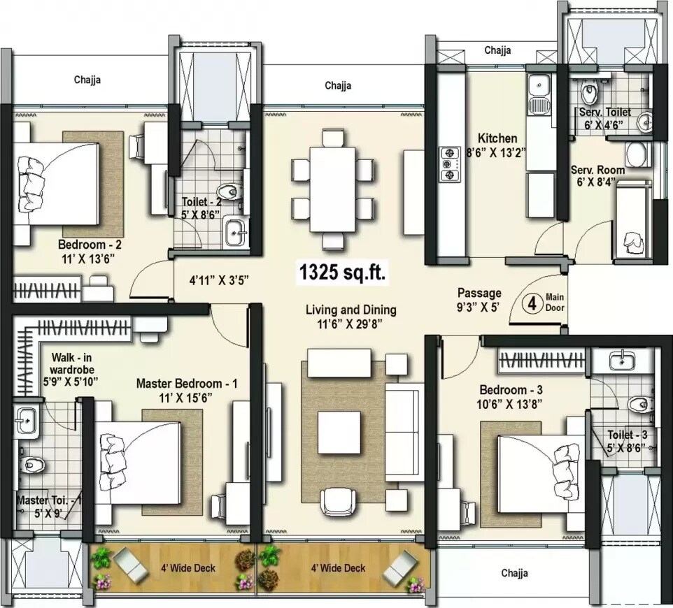 Floor plan of 3 BHK 1325 Sq. Ft. Apartment in Raheja Exotica, Mumbai