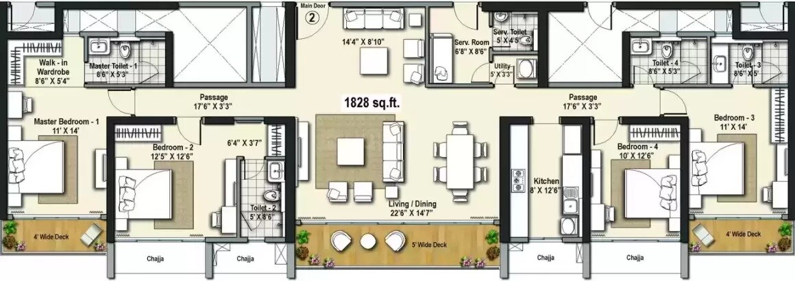 Floor plan of 4 BHK 1828 Sq. Ft. Apartment in Raheja Exotica, Mumbai