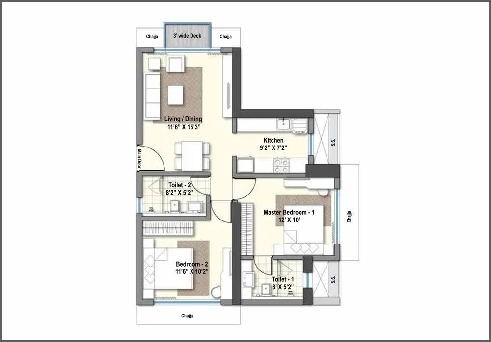 2 BHK 897 Sq. Ft. Apartment in Raheja Exotica Cyprus