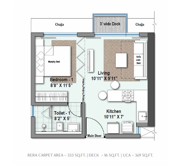 Floor plan of 1 BHK 349 Sq. Ft. Apartment in Raheja Exotica Siena, Mumbai
