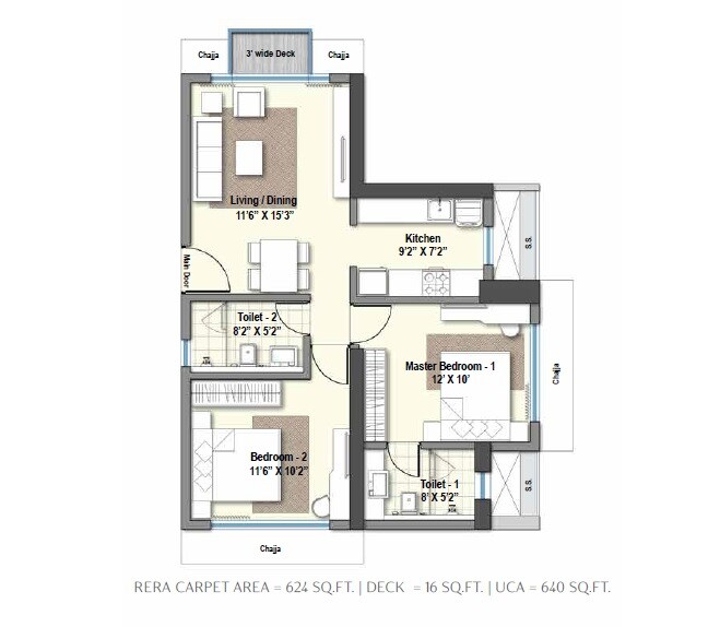 Floor plan of 2 BHK 640 Sq. Ft. Apartment in Raheja Exotica Siena, Mumbai