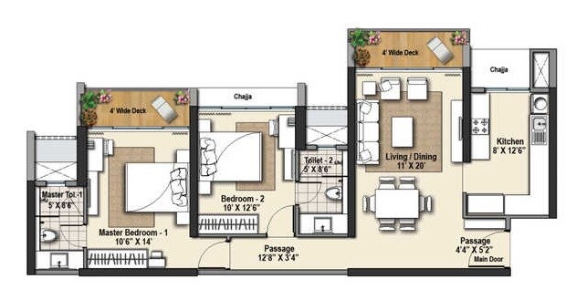 Floor plan of 2 BHK 843 Sq. Ft. Apartment in Raheja Exotica Sorento, Mumbai