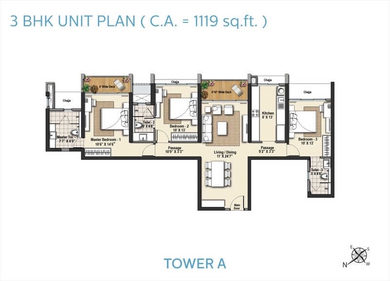Floor plan of 3 BHK 1119 Sq. Ft. Apartment in Raheja Exotica Sorento, Mumbai