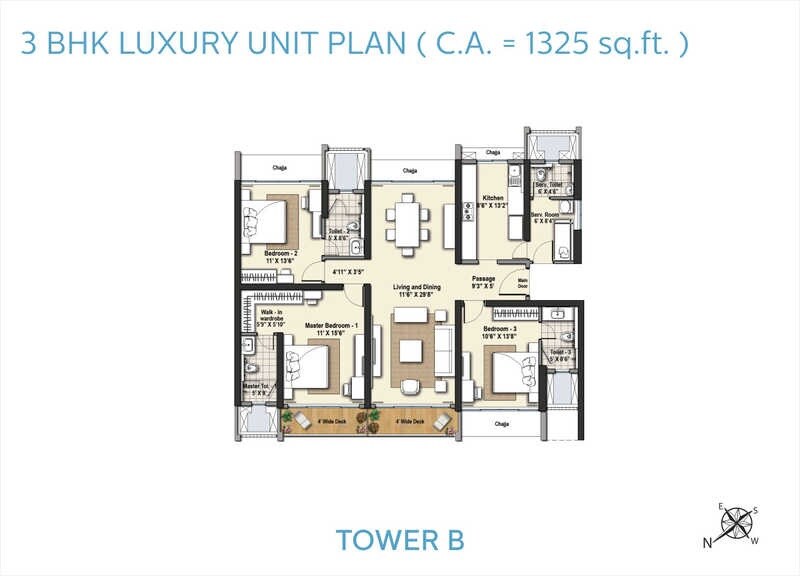 Floor plan of 3 BHK 1325 Sq. Ft. Apartment in Raheja Exotica Sorento, Mumbai