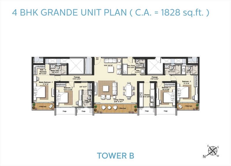 Floor plan of 4 BHK 1828 Sq. Ft. Apartment in Raheja Exotica Sorento, Mumbai