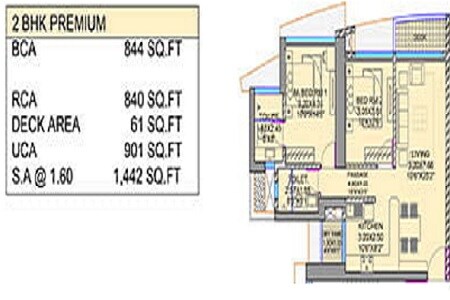 Floor plan of 2 BHK 840 Sq. Ft. Apartment in Raheja Exotica Verona, Mumbai