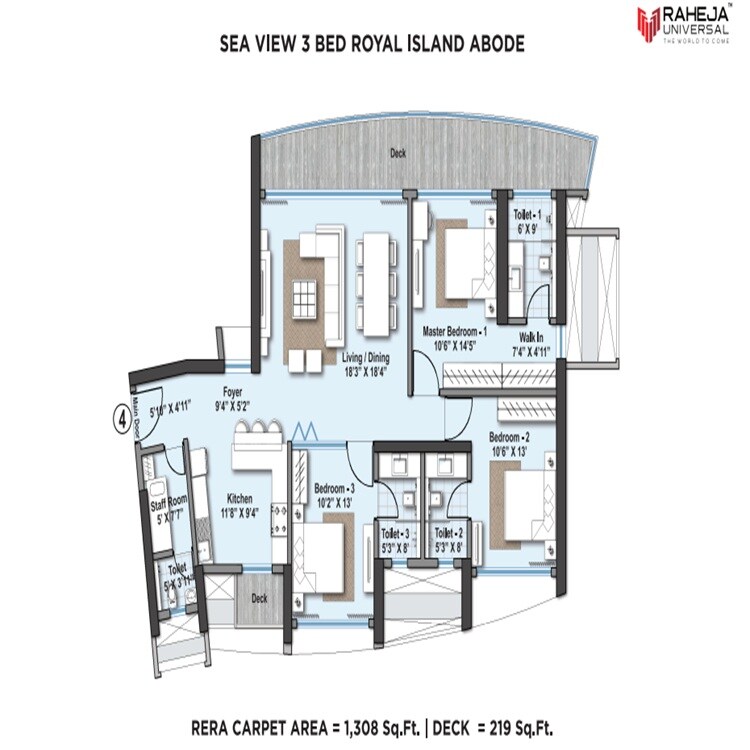 Floor plan of 3 BHK 1308 Sq. Ft. Apartment in Raheja Exotica Verona, Mumbai