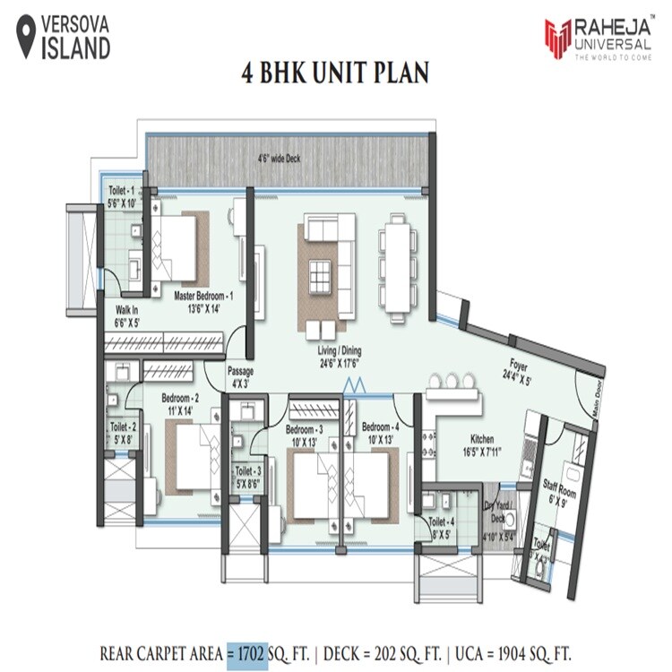 Floor plan of 4 BHK 1702 Sq. Ft. Apartment in Raheja Exotica Verona, Mumbai
