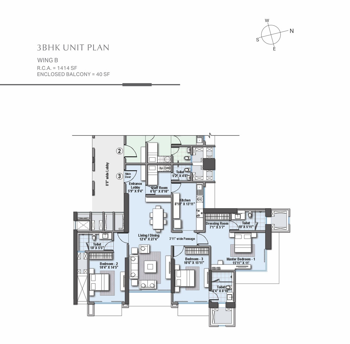 Floor plan of 3 BHK 1414 Sq. Ft. Apartment in Raheja Imperia, Mumbai