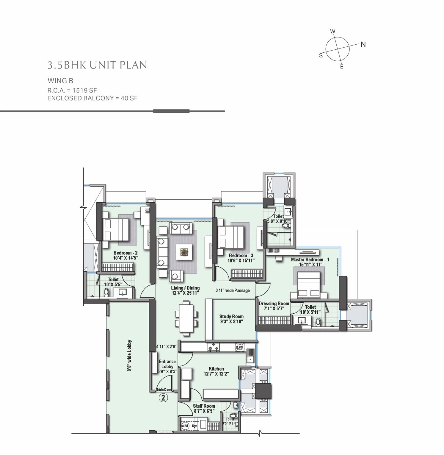 Floor plan of 3 BHK 1519 Sq. Ft. Apartment in Raheja Imperia, Mumbai